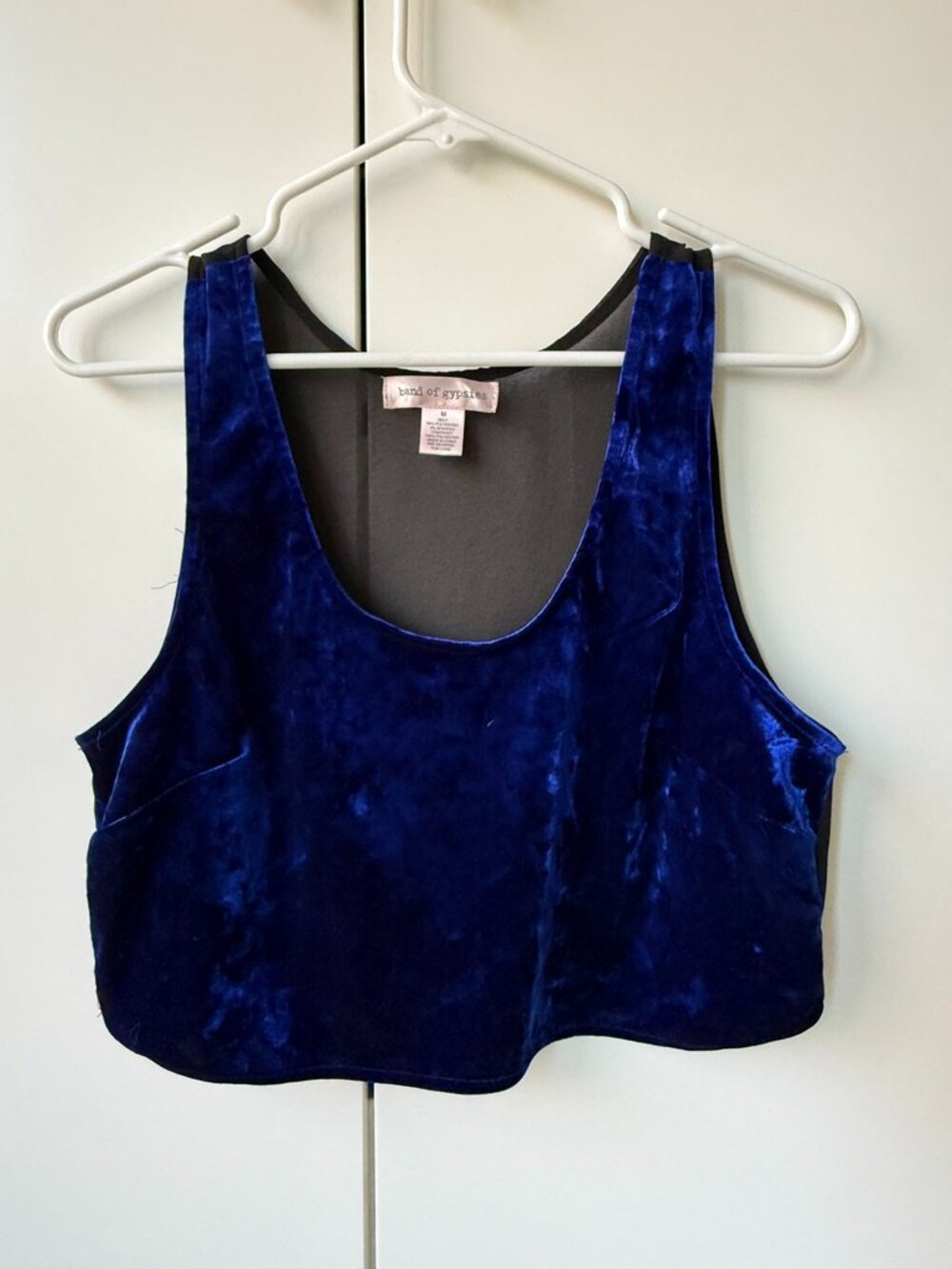 Blue velvet / black mesh crop tank top